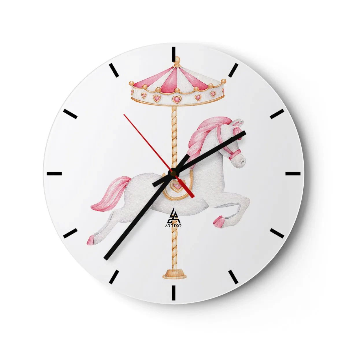 Horloge murale - Pendule murale - Un cheval de carrousel blanc avec une selle rose sur fond blanc - 30x30cm - Les sabots en avant - Décoration murale moderne pour le salon, la cuisine et la chambre ARTTOR