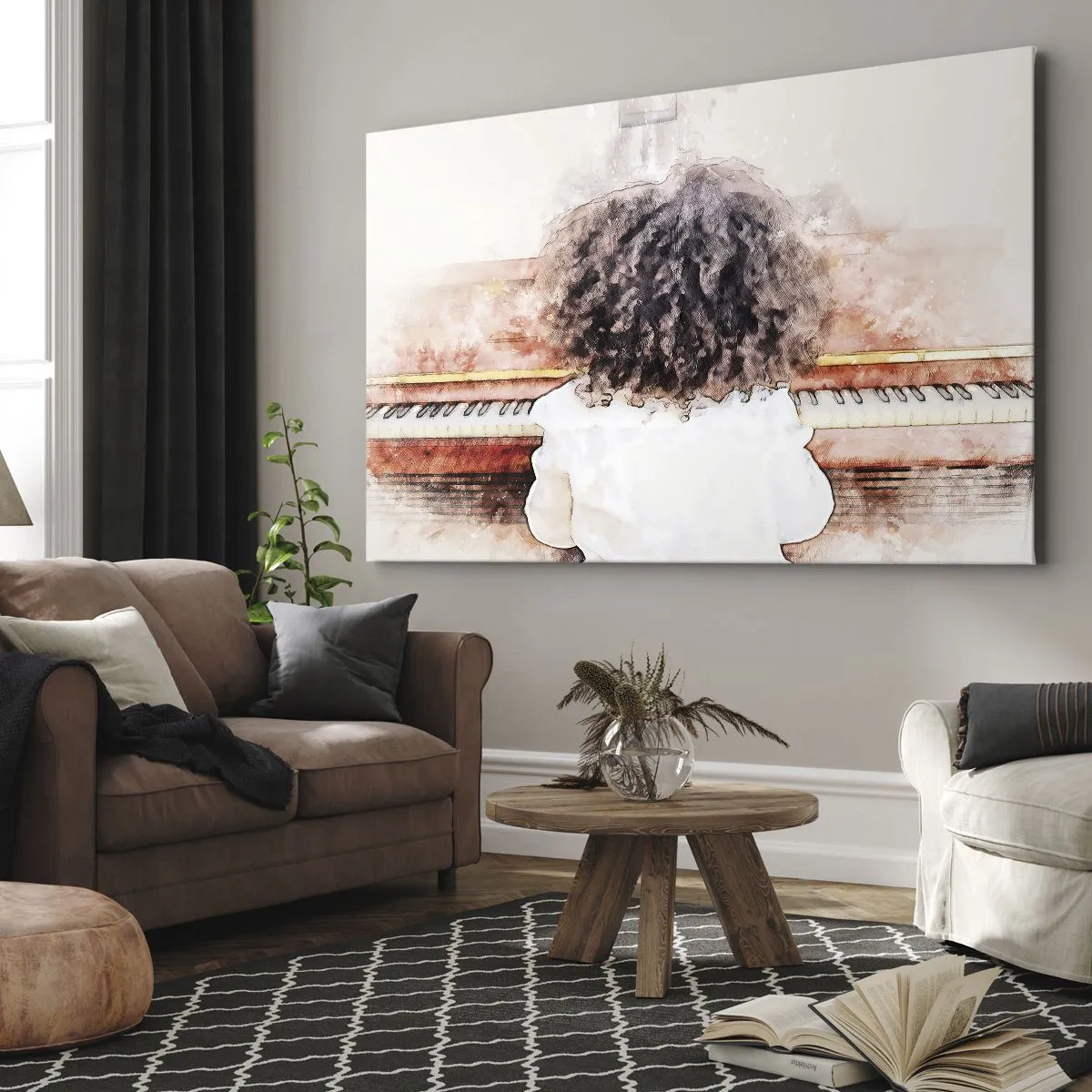Impression sur toile - Image sur toile - Une fille aux cheveux touffus au piano - 70x50cm - Dans un nouveau monde - Décoration murale moderne pour le salon et la chambre ARTTOR