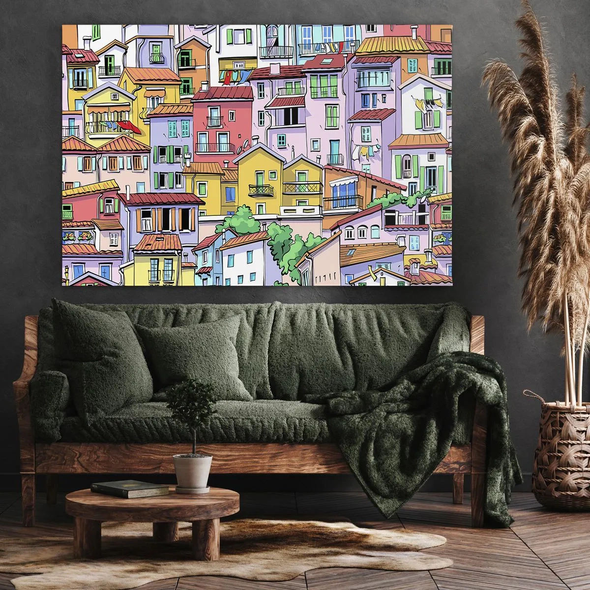Impression sur toile - Image sur toile - Des immeubles colorés au style vivant et joyeux - 70x50cm - Ville joyeuse - Décoration murale moderne pour le salon et la chambre ARTTOR