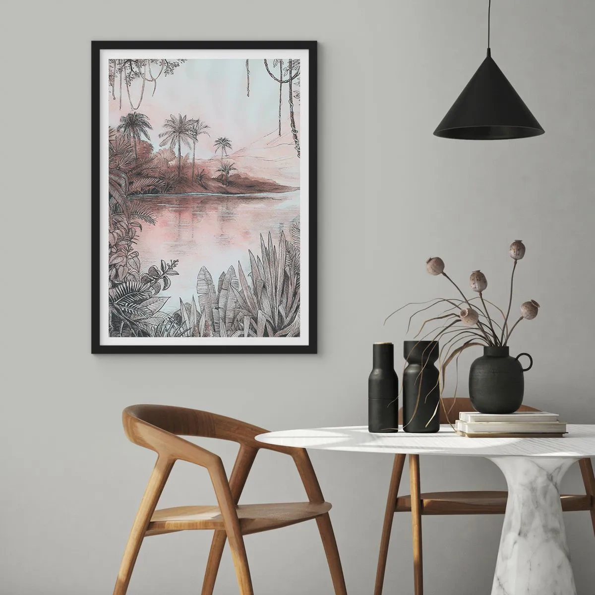 Affiche dans un cadre noir - Poster - Paysage exotique au bord de l'eau - 50x70cm - Journal d'un explorateur du XIXe siècle - Décoration murale moderne pour le salon et la chambre ARTTOR