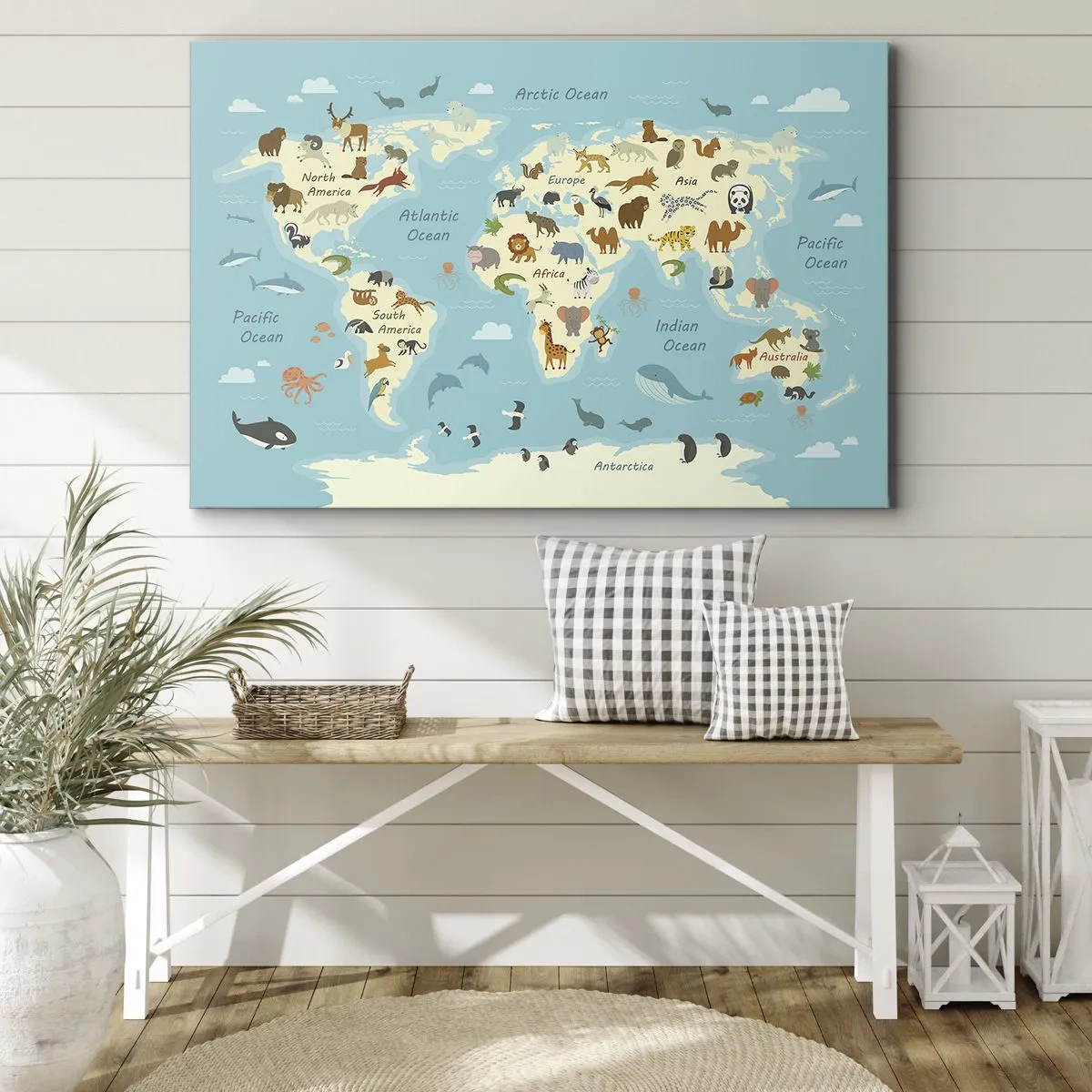 Impression sur toile - Image sur toile - Carte du monde avec des illustrations d'animaux - 70x50cm - De bons voisins - Décoration murale moderne pour le salon et la chambre ARTTOR