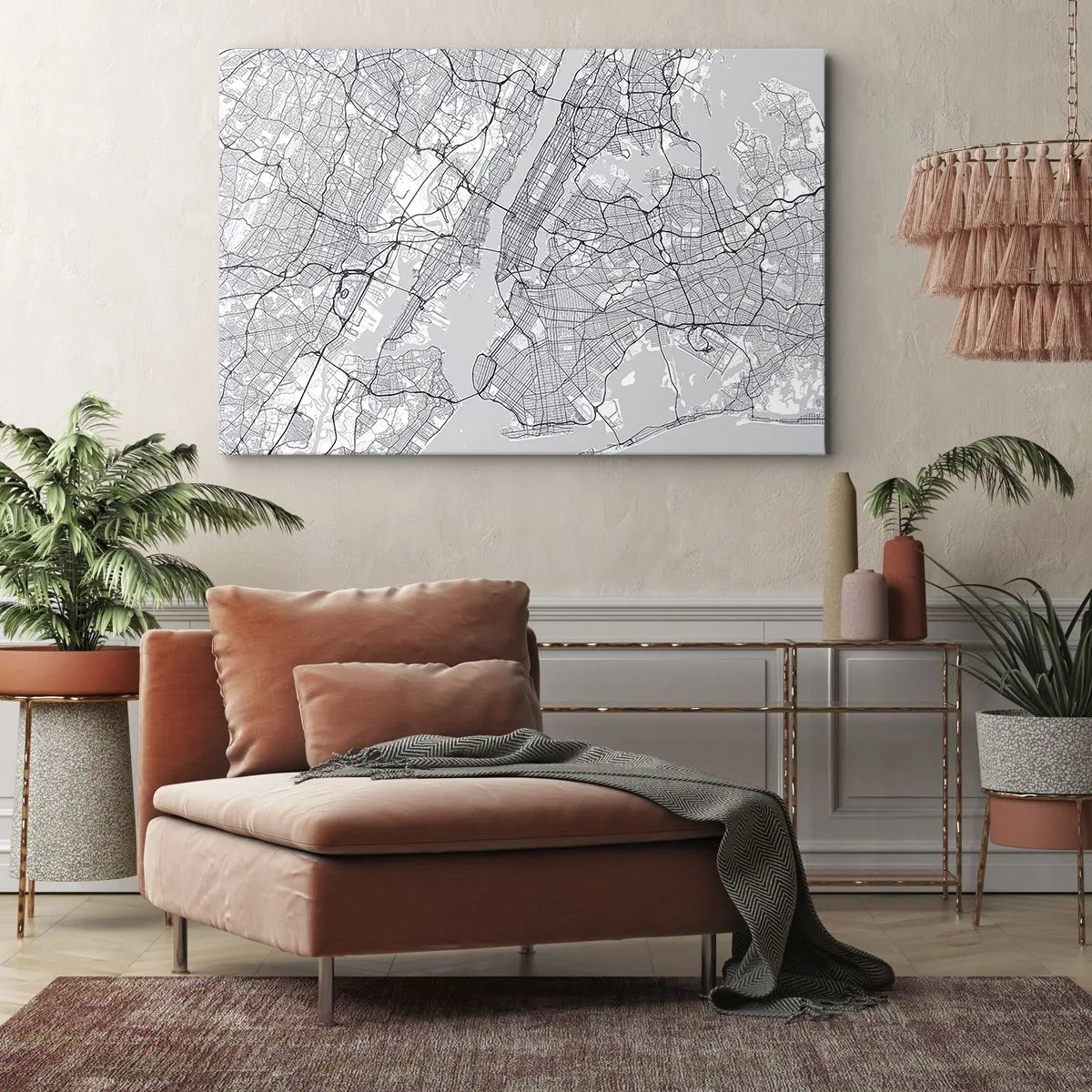 Impression sur toile - Image sur toile - Un plan de ville dans un style minimaliste sur fond gris - 70x50cm - Anatomie de la métropole - Décoration murale moderne pour le salon et la chambre ARTTOR