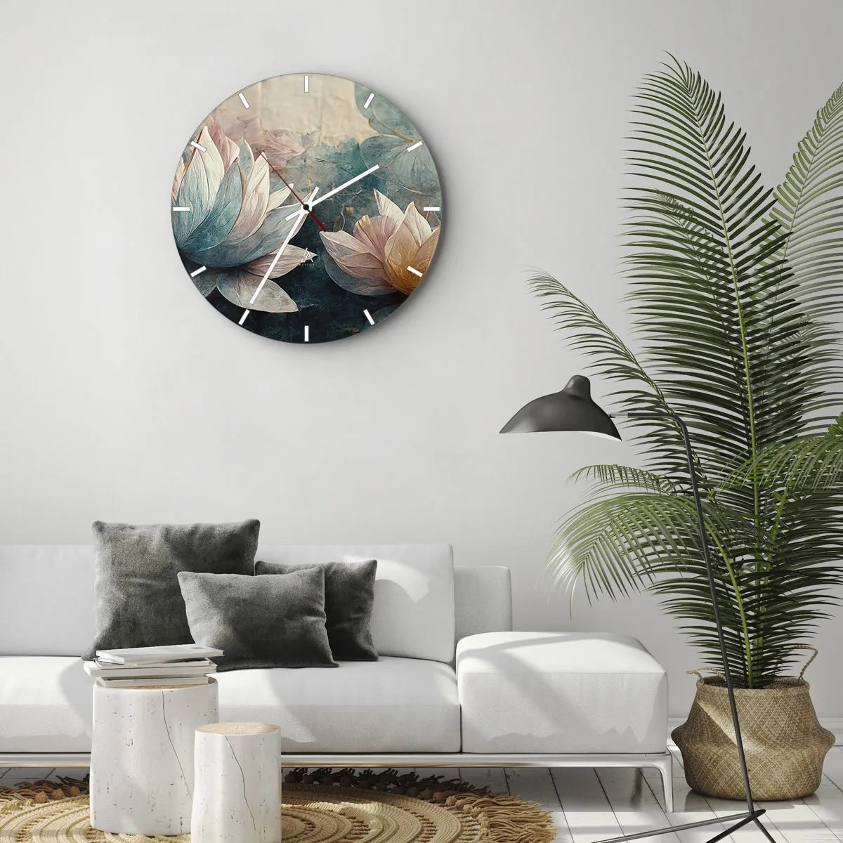 Horloge murale - Pendule murale - Fleurs de lotus sur fond de surface vert-bleu du lac - 30x30cm - Les étoiles du lac - Décoration murale moderne pour le salon, la cuisine et la chambre ARTTOR