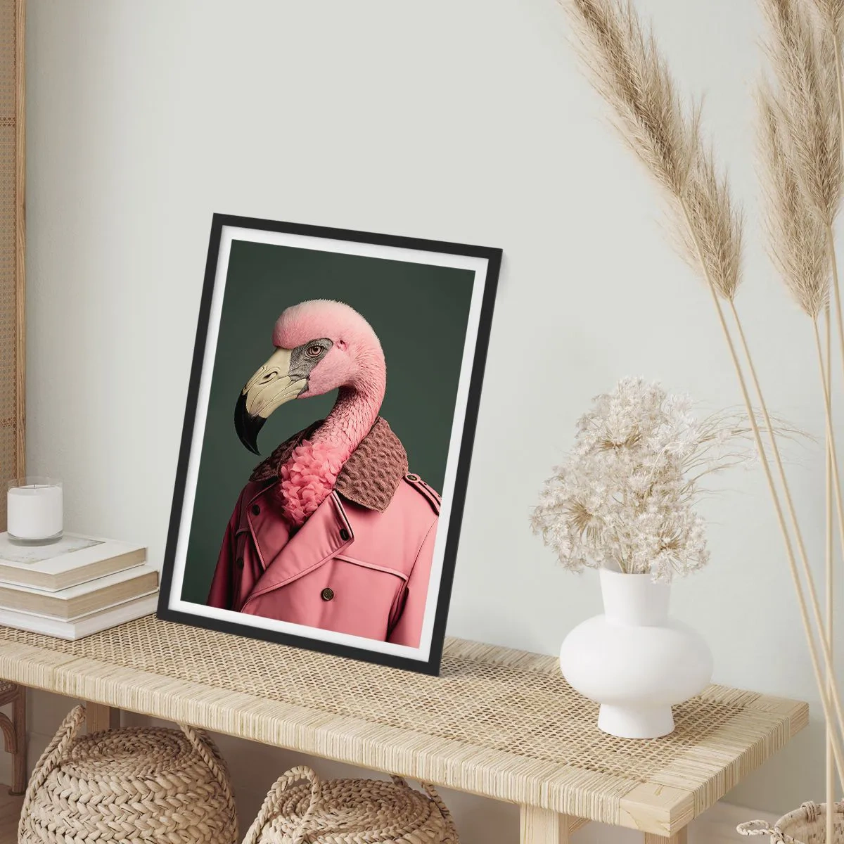 Affiche dans un cadre noir - Poster - Un flamant rose élégant dans un manteau élégant - 50x70cm - La vraie élégance - Décoration murale moderne pour le salon et la chambre ARTTOR