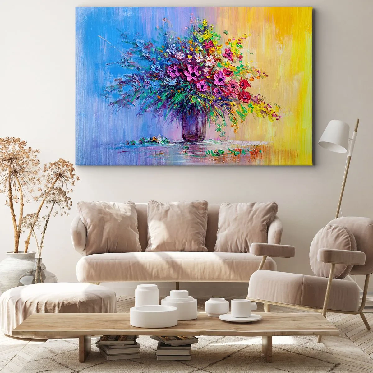 Impression sur toile - Image sur toile - Un bouquet de fleurs colorées dans un vase sur un fond dégradé - 70x50cm - Cadeau d'été de la prairie - Décoration murale moderne pour le salon et la chambre ARTTOR