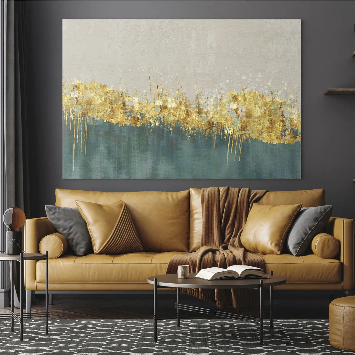 Impression sur verre - Image sur verre - Les accents dorés créent une frontière entre le beige et le vert bouteille - 70x50cm - La frontière dorée - Décoration murale moderne pour le salon et la chambre ARTTOR