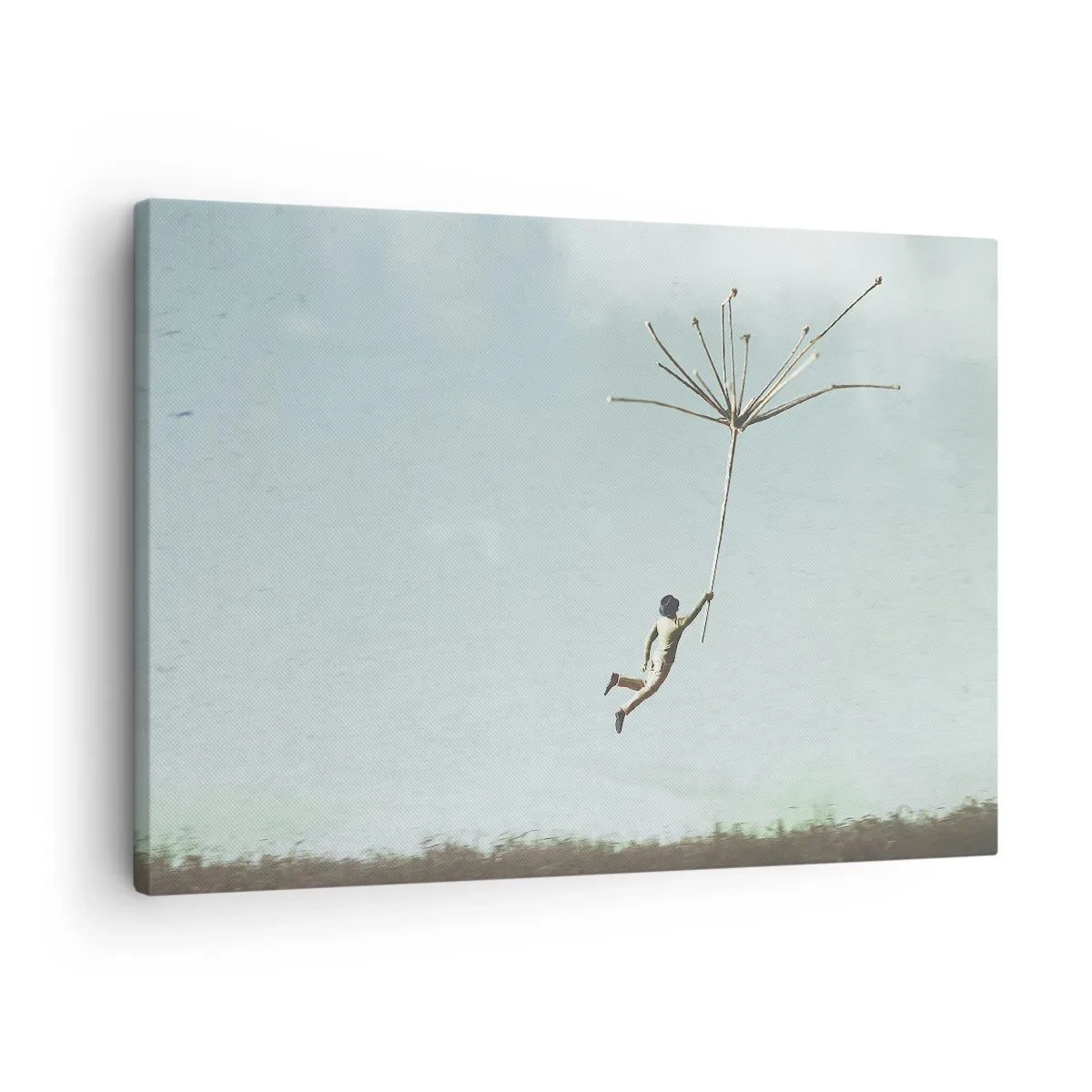 Impression sur toile - Image sur toile - Une silhouette soulevée par une grosse graine de pissenlit - 70x50cm - Cerfs-volants, pissenlits, vent - Décoration murale moderne pour le salon et la chambre ARTTOR