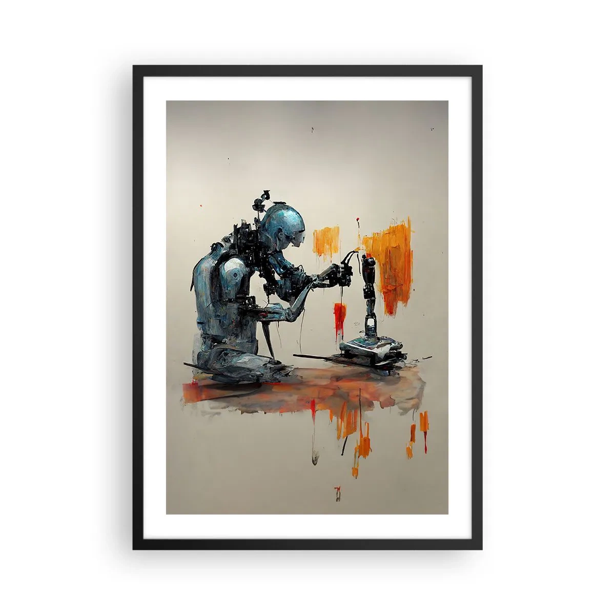 Affiche dans un cadre noir - Poster - Un robot cybernétique en train de créer de l'art. - 50x70cm - Déjà demain… - Décoration murale moderne pour le salon et la chambre ARTTOR