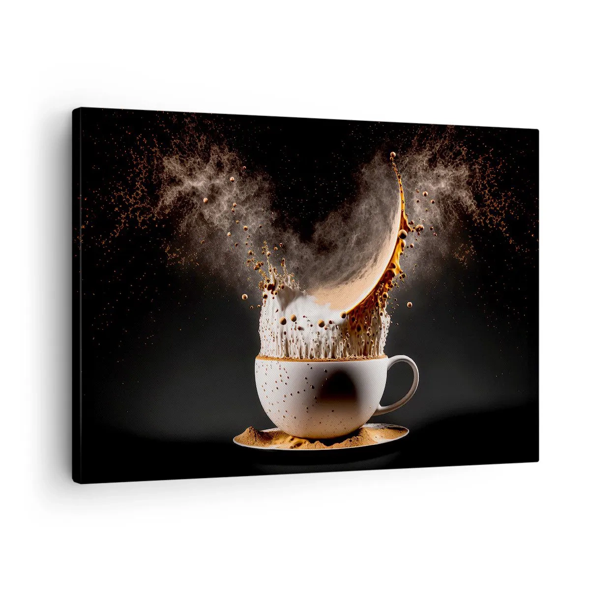 Impression sur toile - Image sur toile - Une tasse de café avec une explosion dynamique de liquide sur fond noir. - 70x50cm - Une explosion de saveur - Décoration murale moderne pour le salon et la chambre ARTTOR