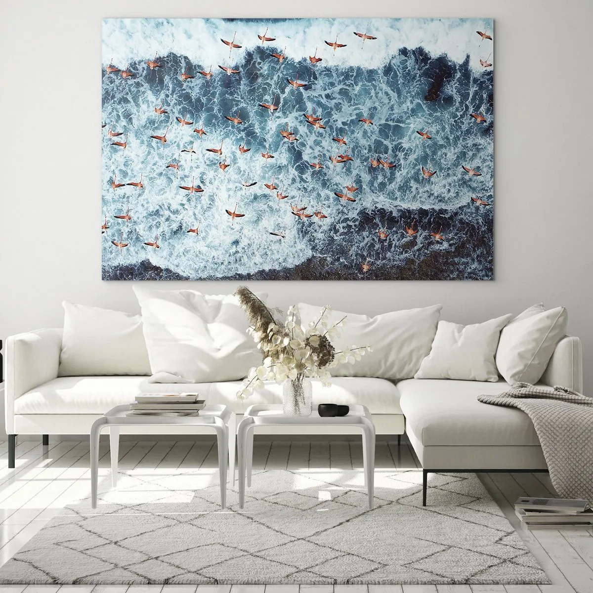 Impression sur verre - Image sur verre - Flamants roses au-dessus des vagues agitées de l'océan - 70x50cm - Défilé du bord de mer - Décoration murale moderne pour le salon et la chambre ARTTOR