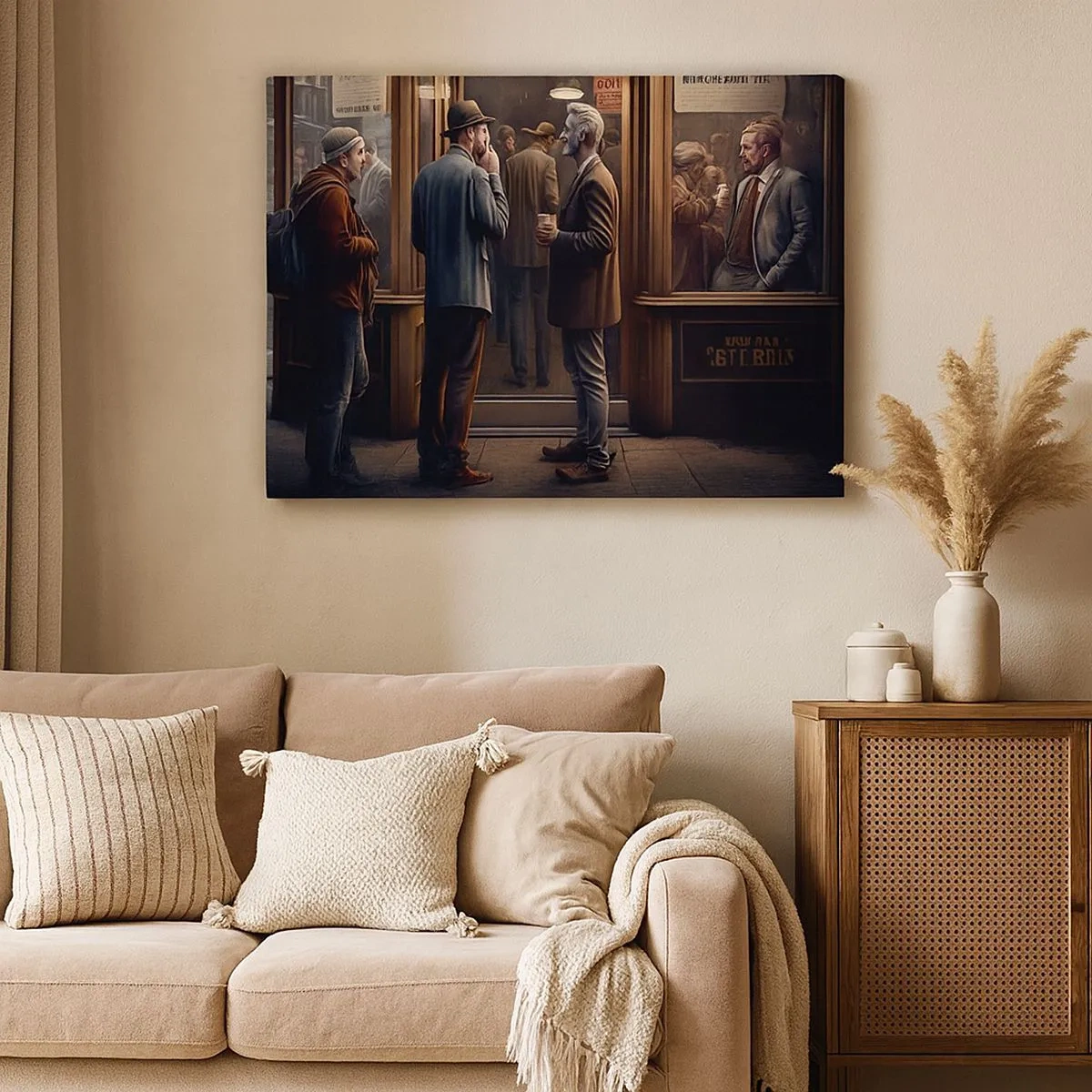 Impression sur toile - Image sur toile - Scène de rue avec des gens devant un café rétro - 70x50cm - Bon moment de la journée - Décoration murale moderne pour le salon et la chambre ARTTOR
