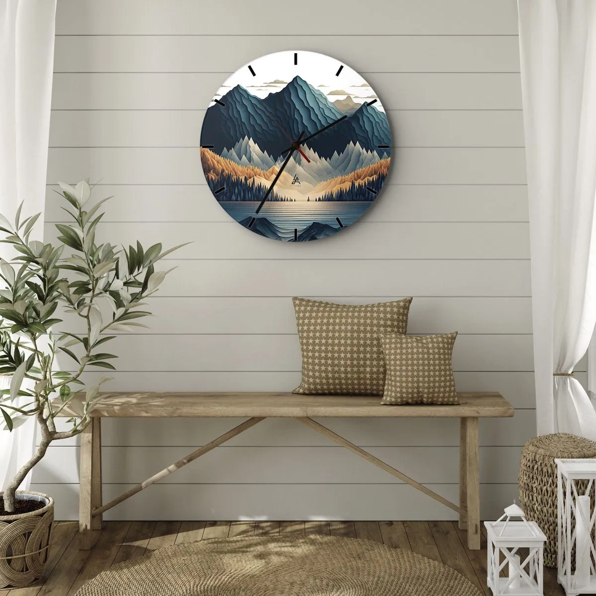 Horloge murale - Pendule murale - Montagnes aux tons bleu marine et beige sur le lac le matin - 30x30cm - Paysage de montagne parfait - Décoration murale moderne pour le salon, la cuisine et la chambre ARTTOR