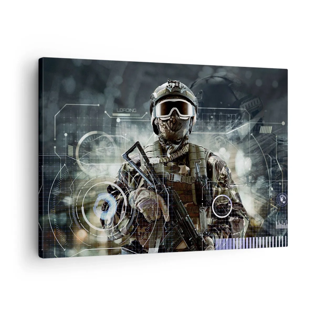 Impression sur toile - Image sur toile - Un soldat portant un casque futuriste avec une arme à feu en arrière-plan de la technologie. - 70x50cm - Puissance sans limite - Décoration murale moderne pour le salon et la chambre ARTTOR