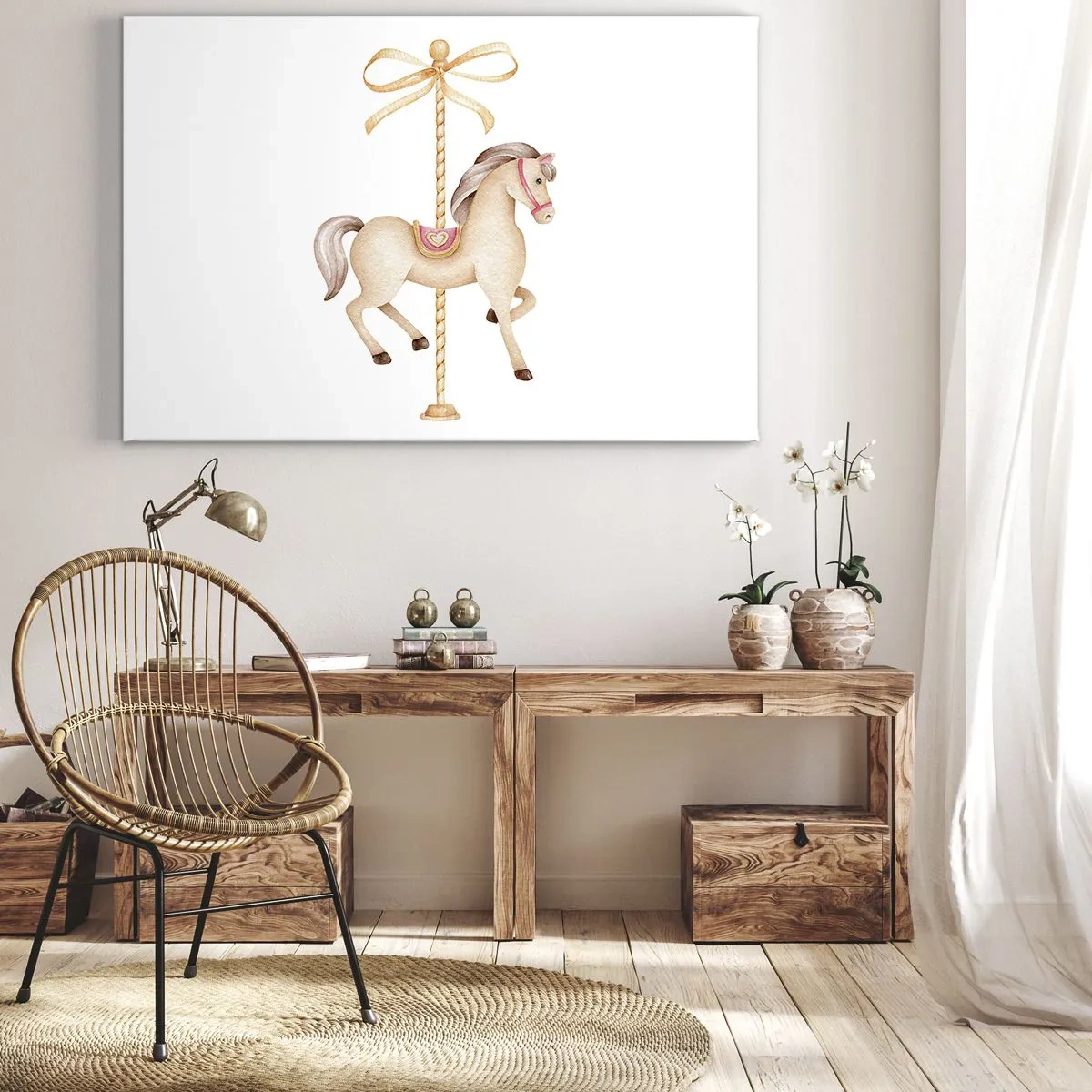 Impression sur toile - Image sur toile - Un cheval de carrousel avec un arc dans des pastels délicats - 70x50cm - Un trot gracieux - Décoration murale moderne pour le salon et la chambre ARTTOR