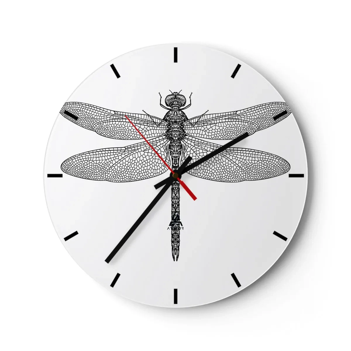 Horloge murale - Pendule murale - Illustration détaillée d'une libellule en noir sur fond blanc - 30x30cm - Précision de la nature - Décoration murale moderne pour le salon, la cuisine et la chambre ARTTOR