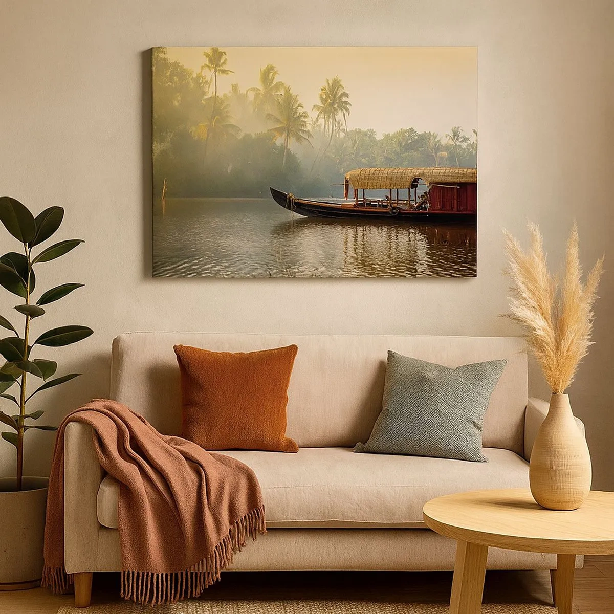 Impression sur toile - Image sur toile - Un bateau traditionnel sur une rivière calme parmi les palmiers - 70x50cm - Maison sur la rivière - Décoration murale moderne pour le salon et la chambre ARTTOR
