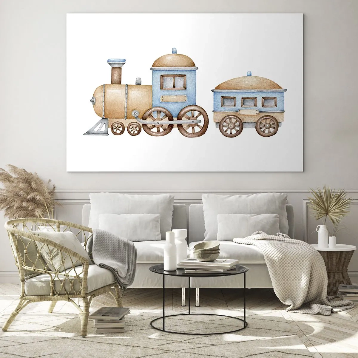 Impression sur verre - Image sur verre - Illustration d'un train à vapeur dans les tons bleu et beige sur fond blanc - 70x50cm - Il est à la gare... - Décoration murale moderne pour le salon et la chambre ARTTOR