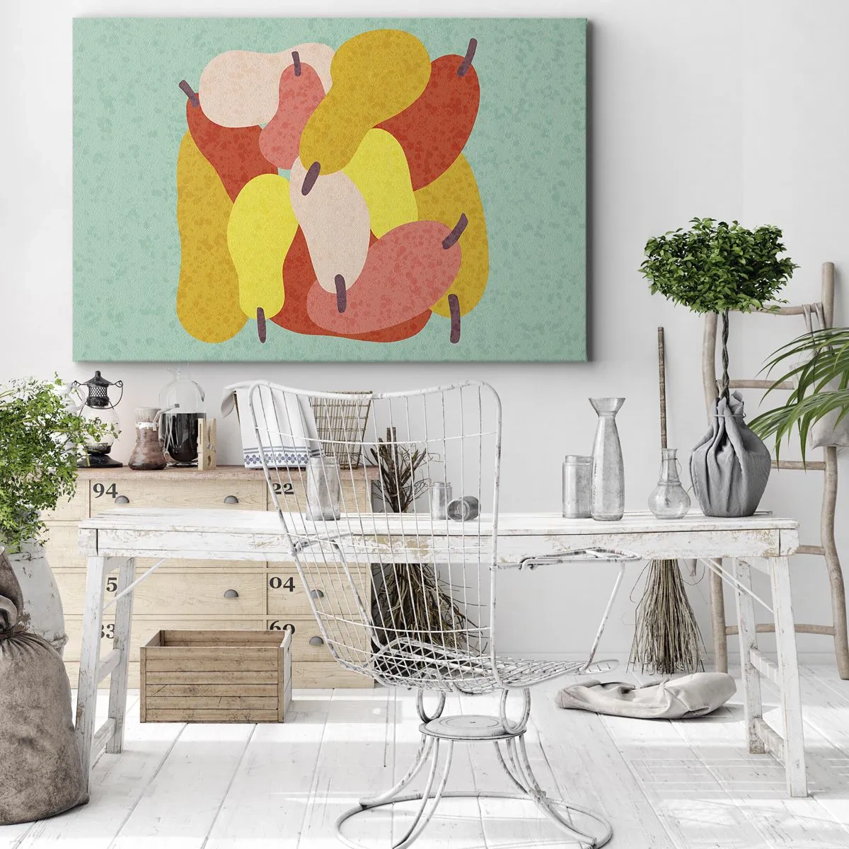 Impression sur toile - Image sur toile - Poires abstraites colorées sur fond vert - 70x50cm - Essayez le soleil d'été - Décoration murale moderne pour le salon et la chambre ARTTOR