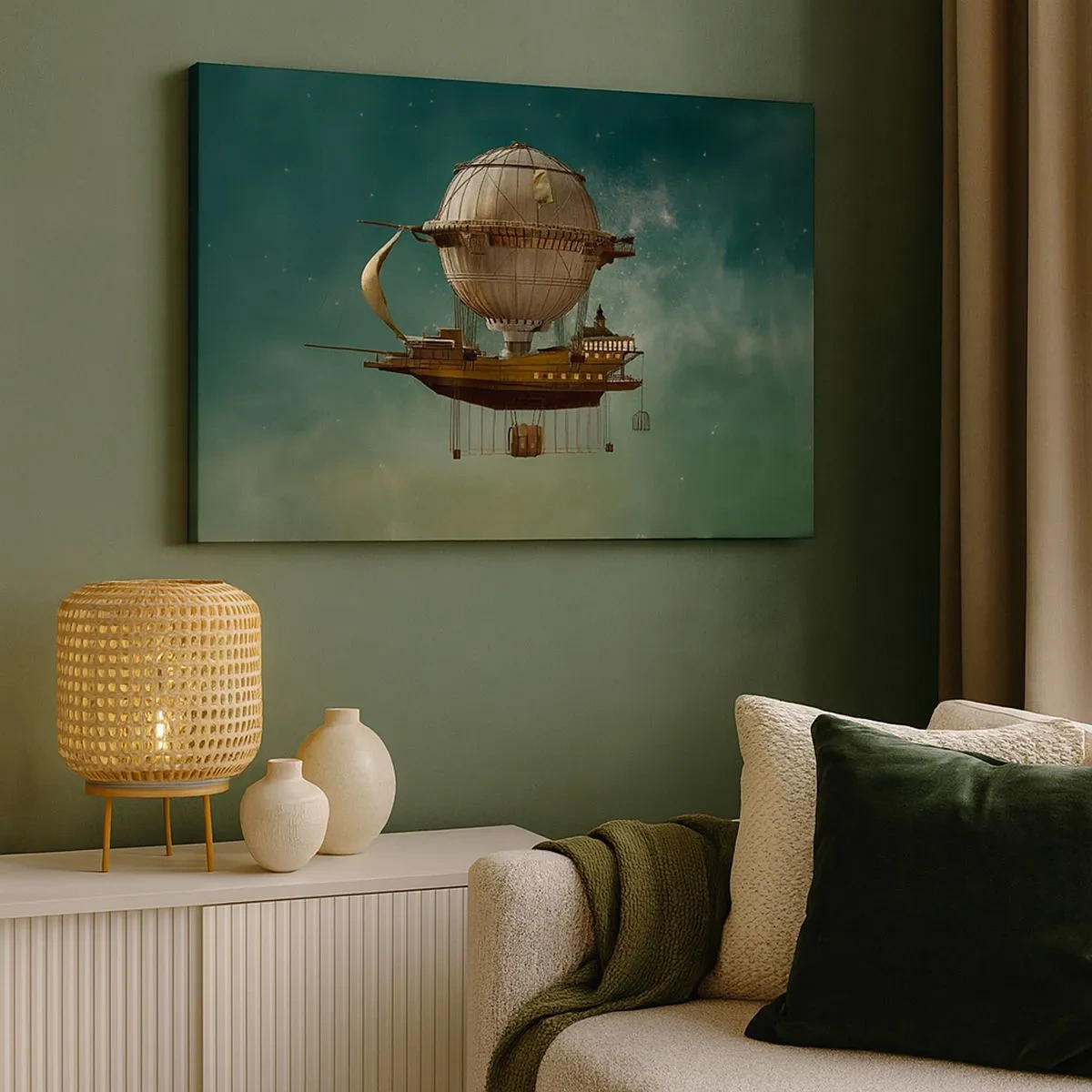 Impression sur toile - Image sur toile - Un dirigeable fantastique contre le ciel verdâtre - 70x50cm - Jules Verne vous salue - Décoration murale moderne pour le salon et la chambre ARTTOR
