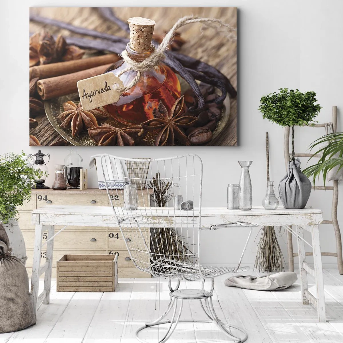 Impression sur toile - Image sur toile - Une bouteille d'huile d'épices sur un plateau - 70x50cm - Vers l'unité du corps et de l'esprit - Décoration murale moderne pour le salon et la chambre ARTTOR