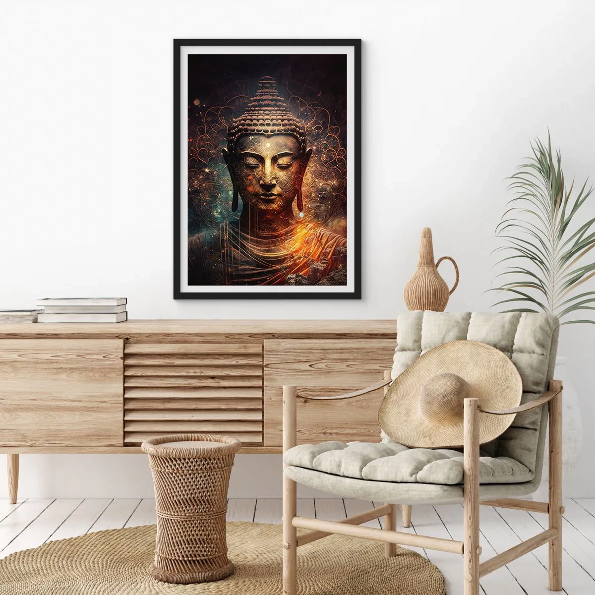 Affiche dans un cadre noir - Poster - Image mystique de Bouddha aux tons dorés - 50x70cm - Équilibre spirituel - Décoration murale moderne pour le salon et la chambre ARTTOR