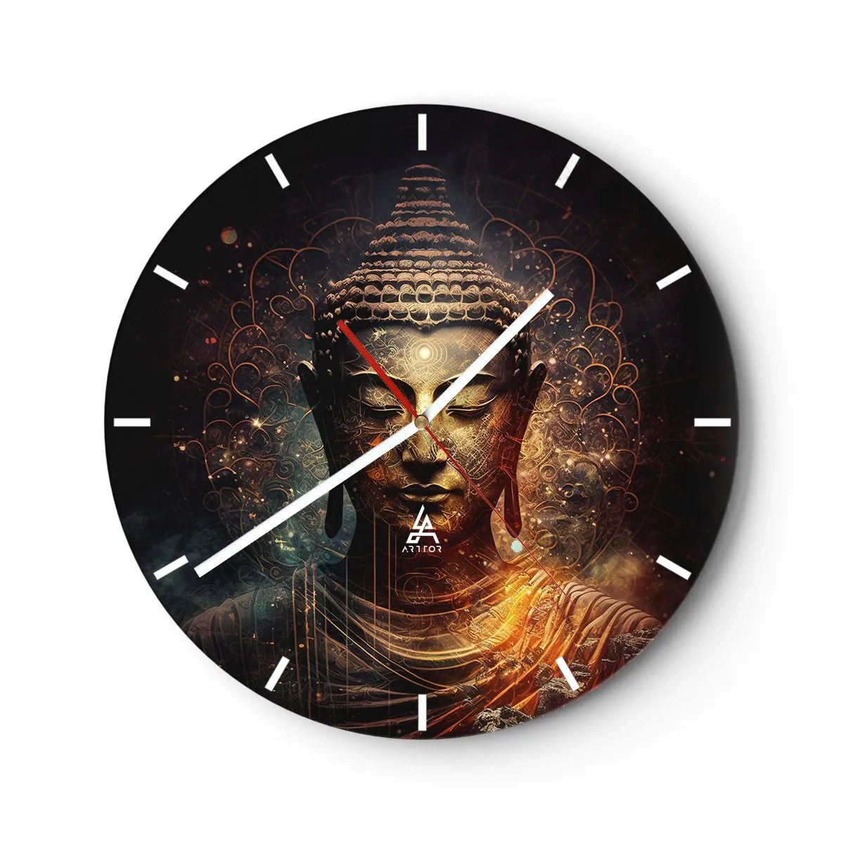 Horloge murale - Pendule murale - Une image dorée d'un Bouddha en méditation sur un fond sombre - 30x30cm - Équilibre spirituel - Décoration murale moderne pour le salon, la cuisine et la chambre ARTTOR