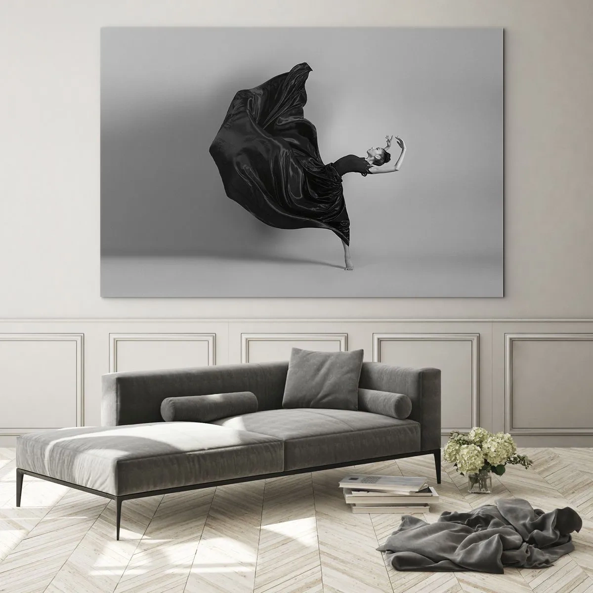 Impression sur verre - Image sur verre - Une danseuse en robe noire flottant dynamiquement dans les airs - 70x50cm - Musique ailées - Décoration murale moderne pour le salon et la chambre ARTTOR
