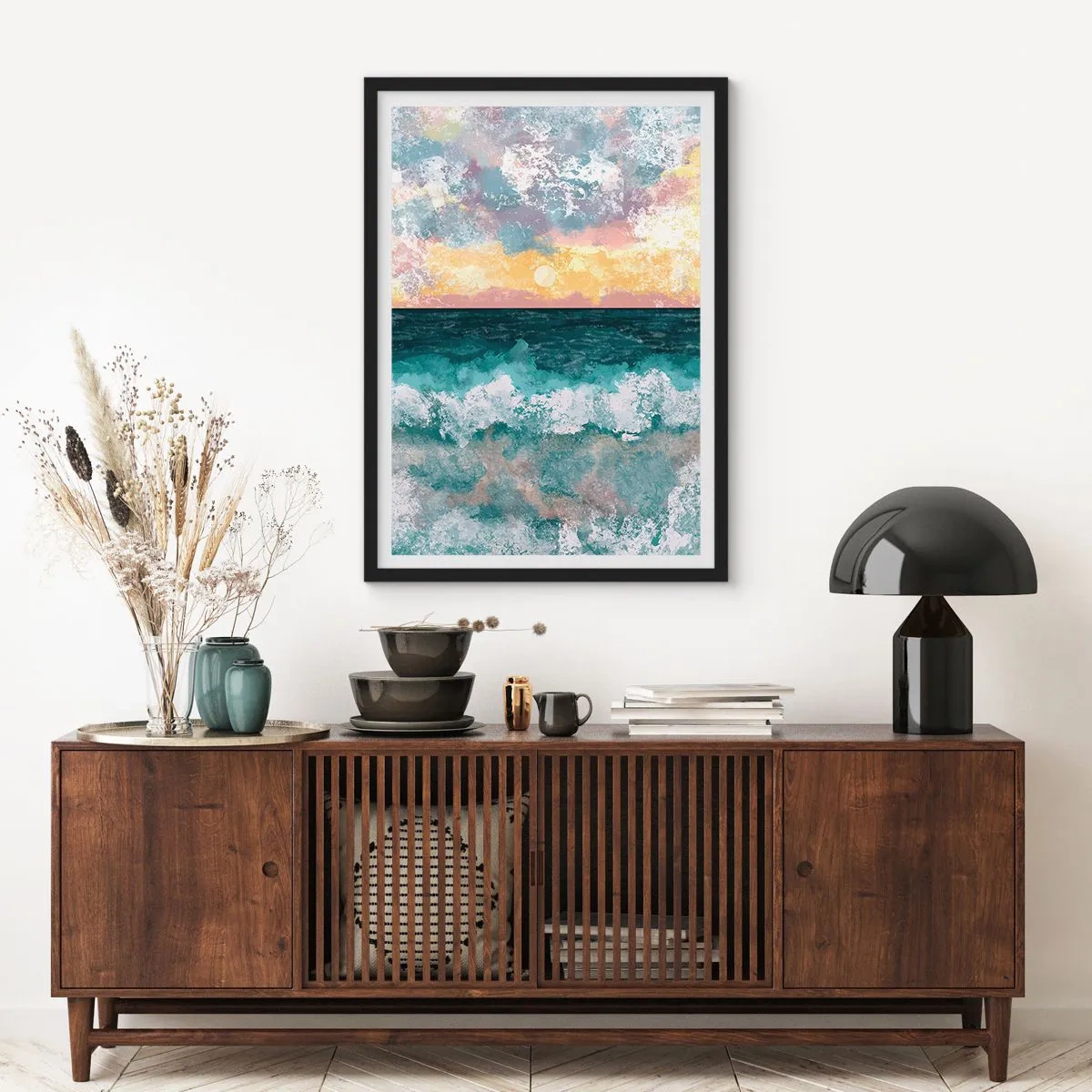 Affiche dans un cadre noir - Poster - Vagues de la mer et coucher de soleil dans un style aquarelle - 50x70cm - Eau, lumière, air - Décoration murale moderne pour le salon et la chambre ARTTOR