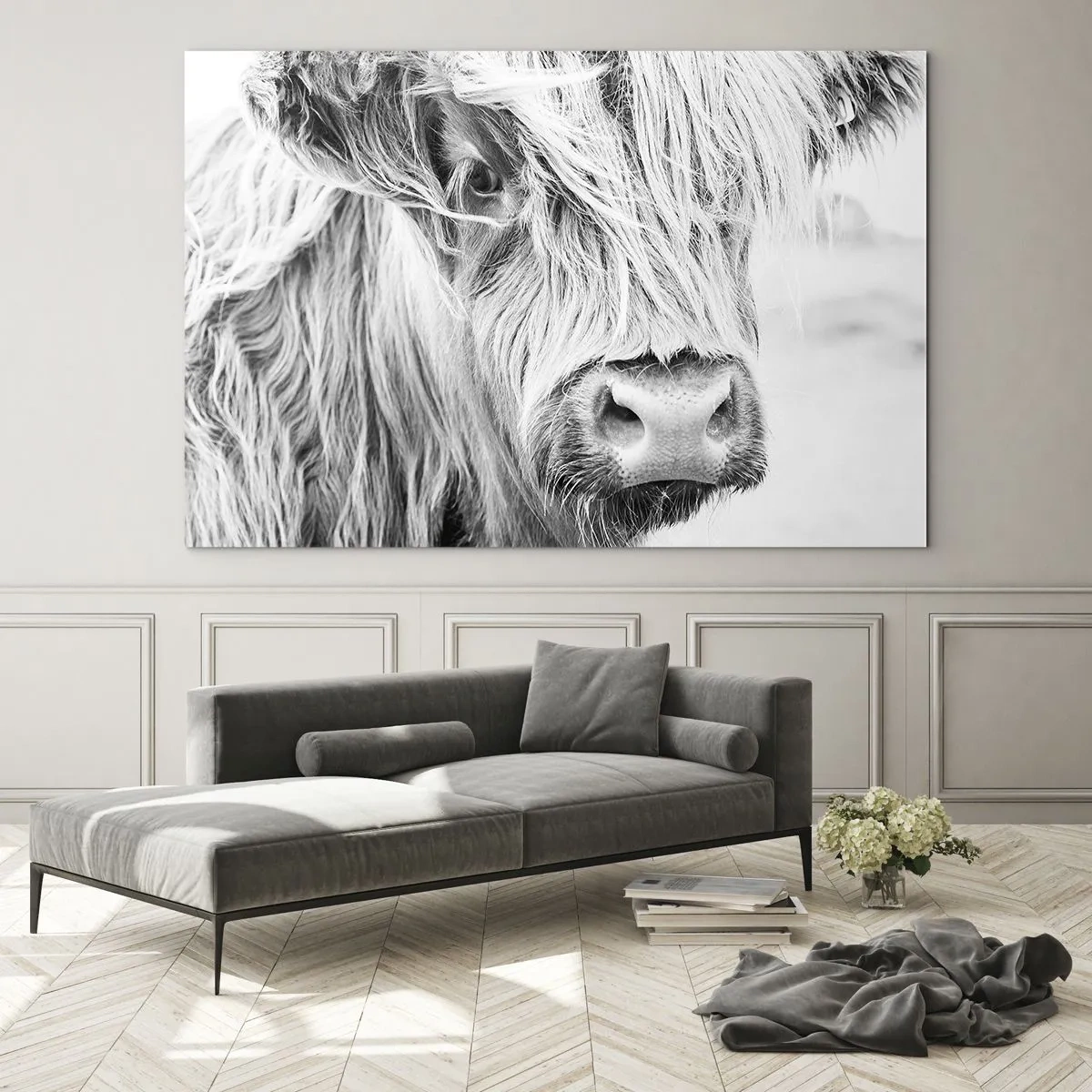 Impression sur verre - Image sur verre - Gros plan d'un bovin écossais à poil long en noir et blanc - 70x50cm - Sauvagerie écossaise - Décoration murale moderne pour le salon et la chambre ARTTOR