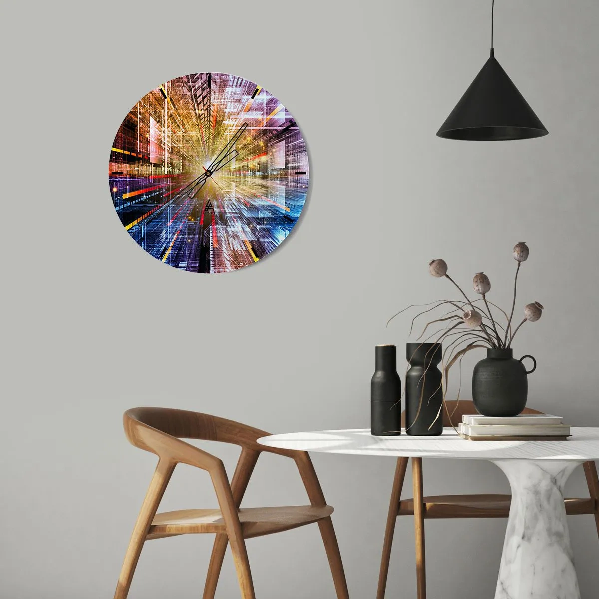 Horloge murale - Pendule murale - Une vision abstraite de la ville avec des effets de lumière et de couleurs - 30x30cm - Couloir lumineux - Décoration murale moderne pour le salon, la cuisine et la chambre ARTTOR