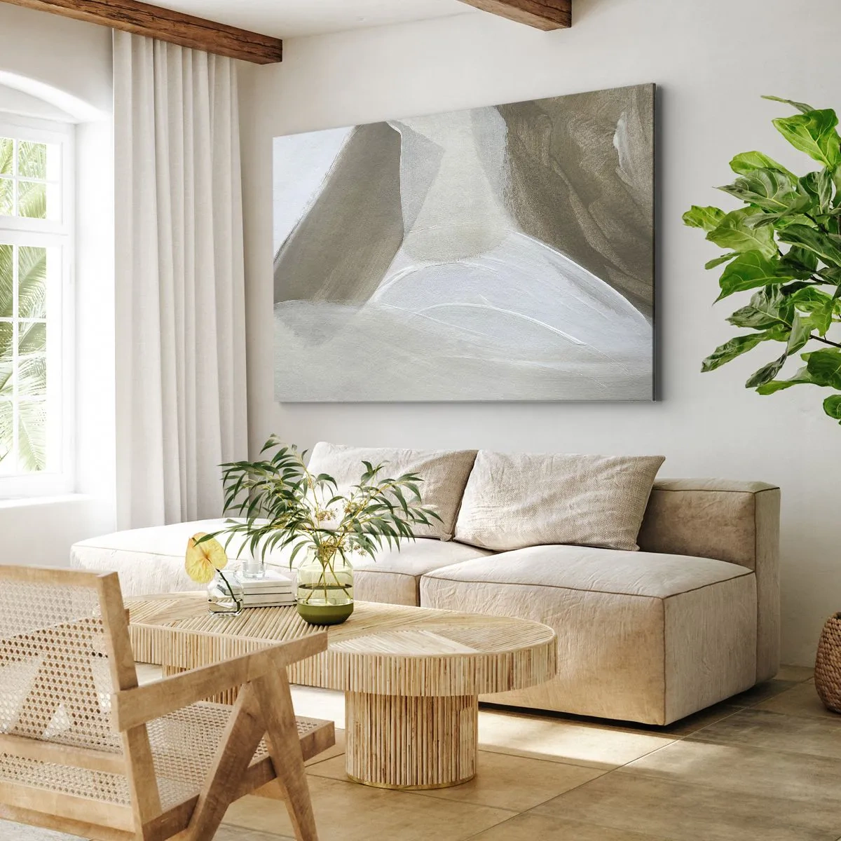 Impression sur toile - Image sur toile - Abstraction délicate dans les tons beige et blanc - 70x50cm - Une vague de blanc - Décoration murale moderne pour le salon et la chambre ARTTOR