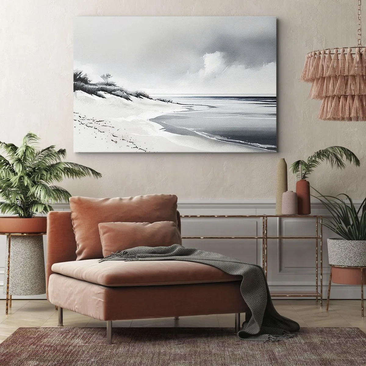 Impression sur toile - Image sur toile - Une plage aux tons sobres de gris et de bleu - 70x50cm - Ensemble depuis toujours - Décoration murale moderne pour le salon et la chambre ARTTOR
