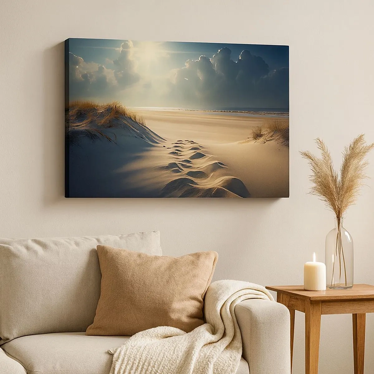 Impression sur toile - Image sur toile - Dunes dorées sur la plage au coucher du soleil avec vue sur la mer - 70x50cm - Un paysage apaisant - Décoration murale moderne pour le salon et la chambre ARTTOR