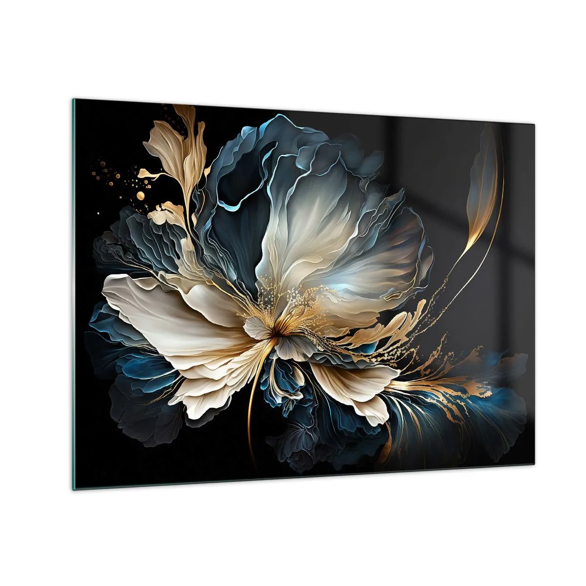 Impression sur verre - Image sur verre - Une fleur fantaisie dans des tons d'or, bleu marine et beige sur noir - 70x50cm - Fleur de fougère de conte de fées - Décoration murale moderne pour le salon et la chambre ARTTOR