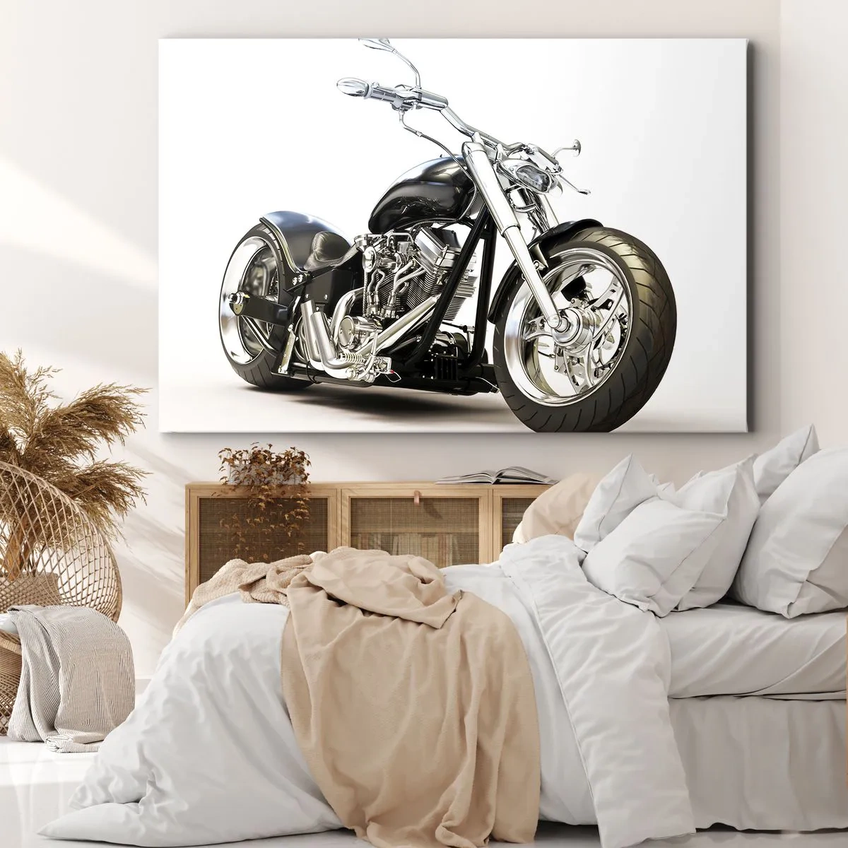 Impression sur toile - Image sur toile - Moto noire élégante sur fond blanc - 70x50cm - Force de caractère - Décoration murale moderne pour le salon et la chambre ARTTOR