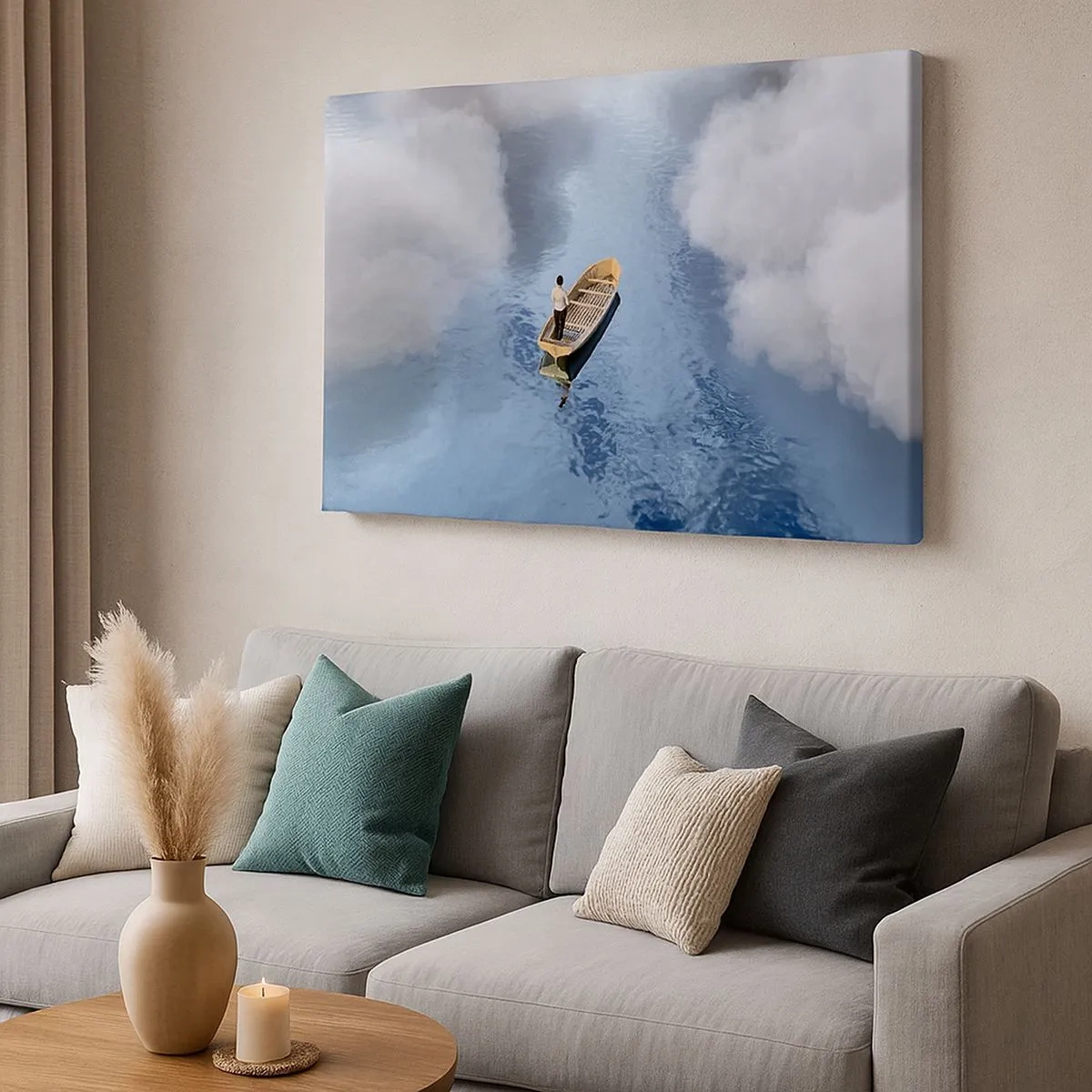 Impression sur toile - Image sur toile - Un homme dans un bateau sur une mer calme entourée de nuages - 70x50cm - Vie – voyage – inconnu - Décoration murale moderne pour le salon et la chambre ARTTOR