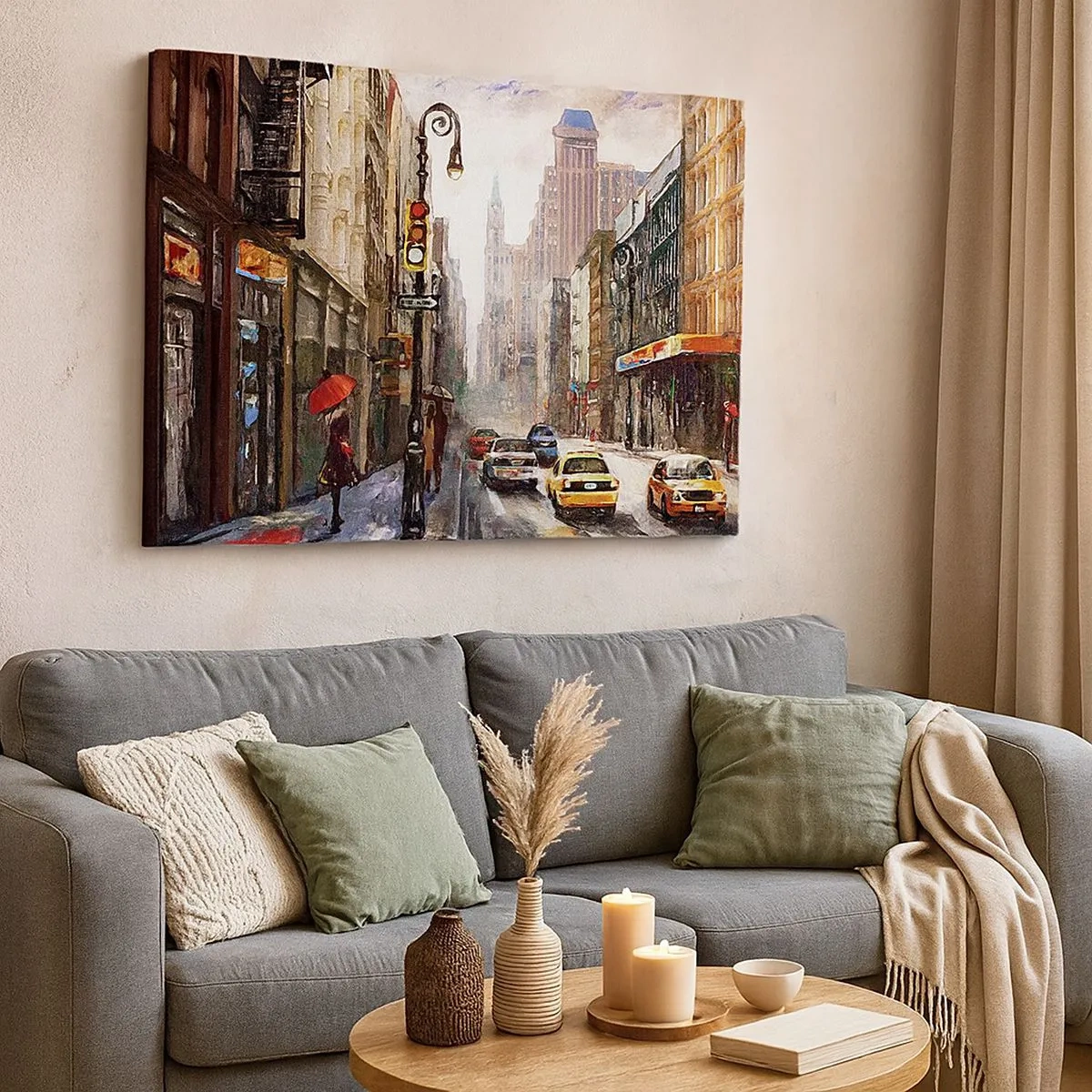Impression sur toile - Image sur toile - Paysage urbain avec une rue et des taxis jaunes - 70x50cm - New-Zork - coloré même sous la pluie - Décoration murale moderne pour le salon et la chambre ARTTOR