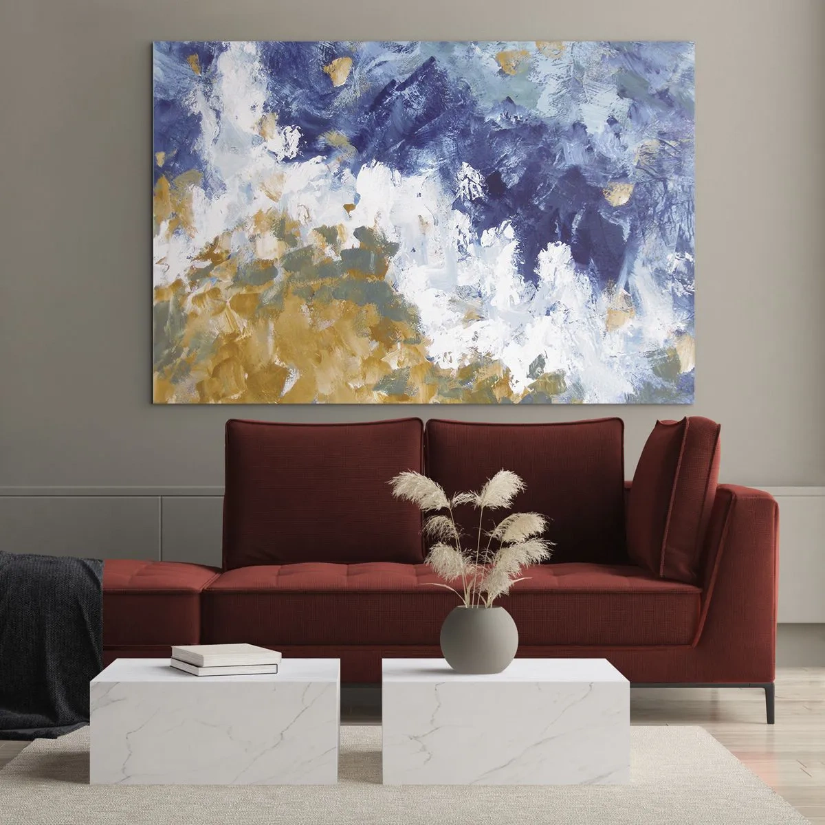 Impression sur verre - Image sur verre - Coups de peinture abstraits en bleu, blanc et or - 70x50cm - Danse des éléments - Décoration murale moderne pour le salon et la chambre ARTTOR