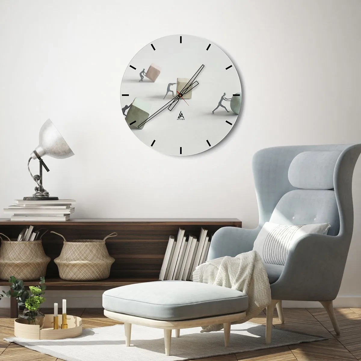 Horloge murale - Pendule murale - Personnages poussant des cubes et une balle symbolisant l'effort - 30x30cm - Rien que la vie - Décoration murale moderne pour le salon, la cuisine et la chambre ARTTOR