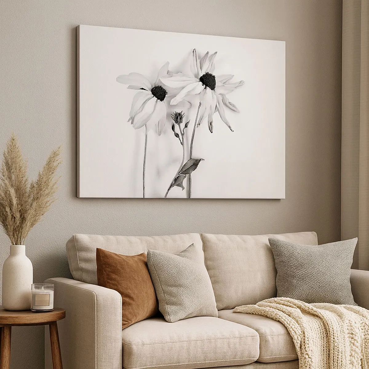 Impression sur toile - Image sur toile - Fleurs noires et blanches avec une composition subtile - 70x50cm - Personne ne souhaite être seul - Décoration murale moderne pour le salon et la chambre ARTTOR
