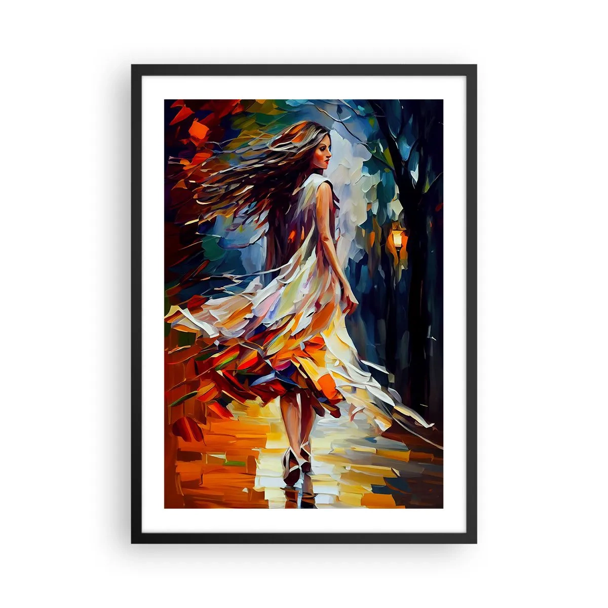 Affiche dans un cadre noir - Poster - Une femme dansant parmi les feuilles d'automne colorées - 50x70cm - La fille d'automne - Décoration murale moderne pour le salon et la chambre ARTTOR