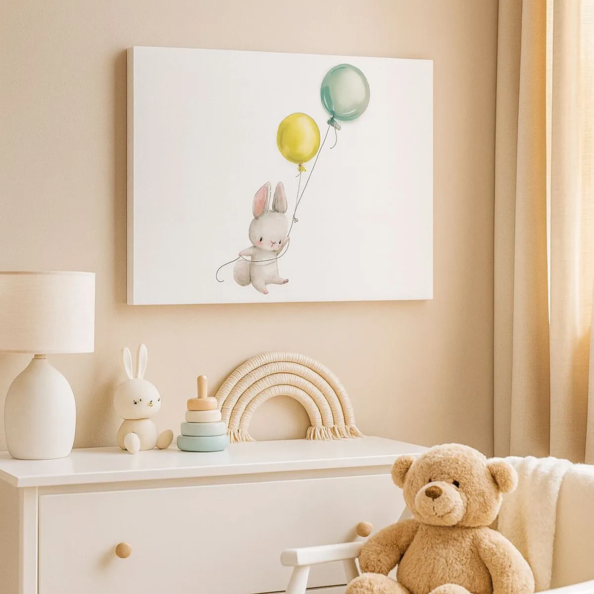 Impression sur toile - Image sur toile - Un lapin tenant des ballons aux couleurs pastel - 70x50cm - Moi aussi je vole! - Décoration murale moderne pour le salon et la chambre ARTTOR