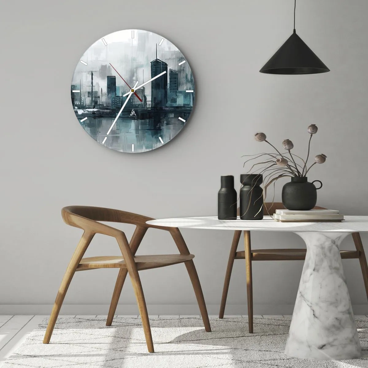 Horloge murale - Pendule murale - Un panorama de la ville dans un style pictural aux tons froids - 30x30cm - Une ville couleur de pluie - Décoration murale moderne pour le salon, la cuisine et la chambre ARTTOR