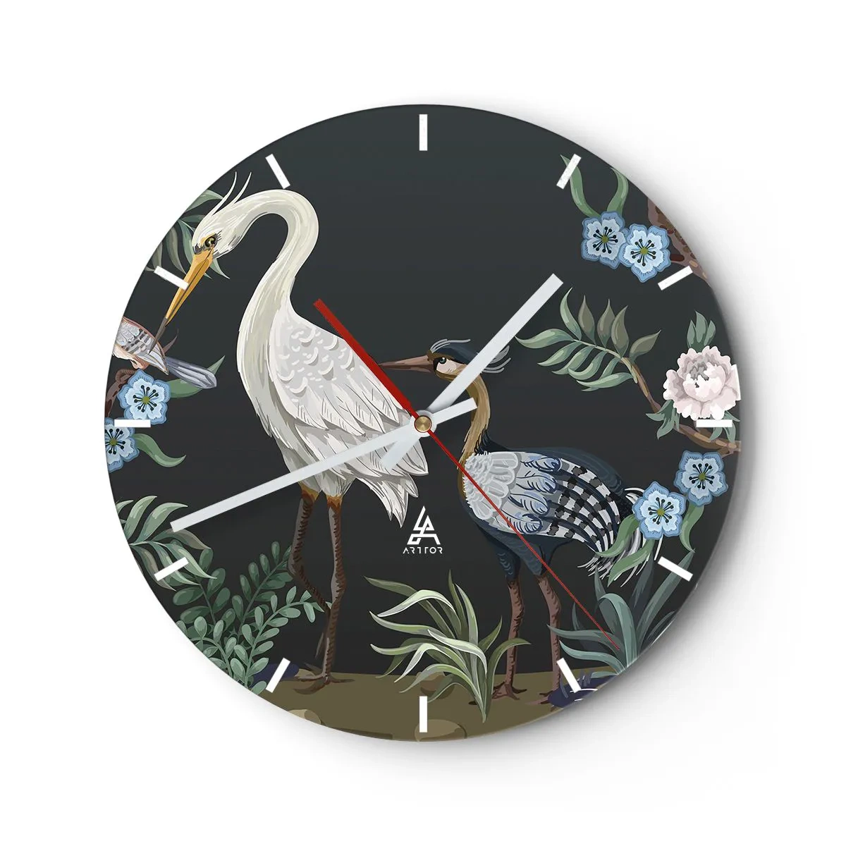 Horloge murale - Pendule murale - Oiseaux décoratifs parmi des plantes sur fond sombre - 30x30cm - Parade d'oiseaux - Décoration murale moderne pour le salon, la cuisine et la chambre ARTTOR