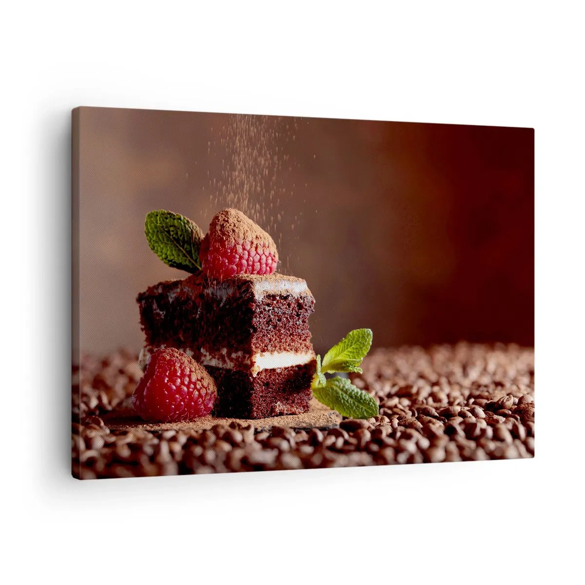 Impression sur toile - Image sur toile - Gâteau au chocolat aux framboises et à la menthe sur fond de fèves de cacao - 70x50cm - La vie est douce - Décoration murale moderne pour le salon et la chambre ARTTOR