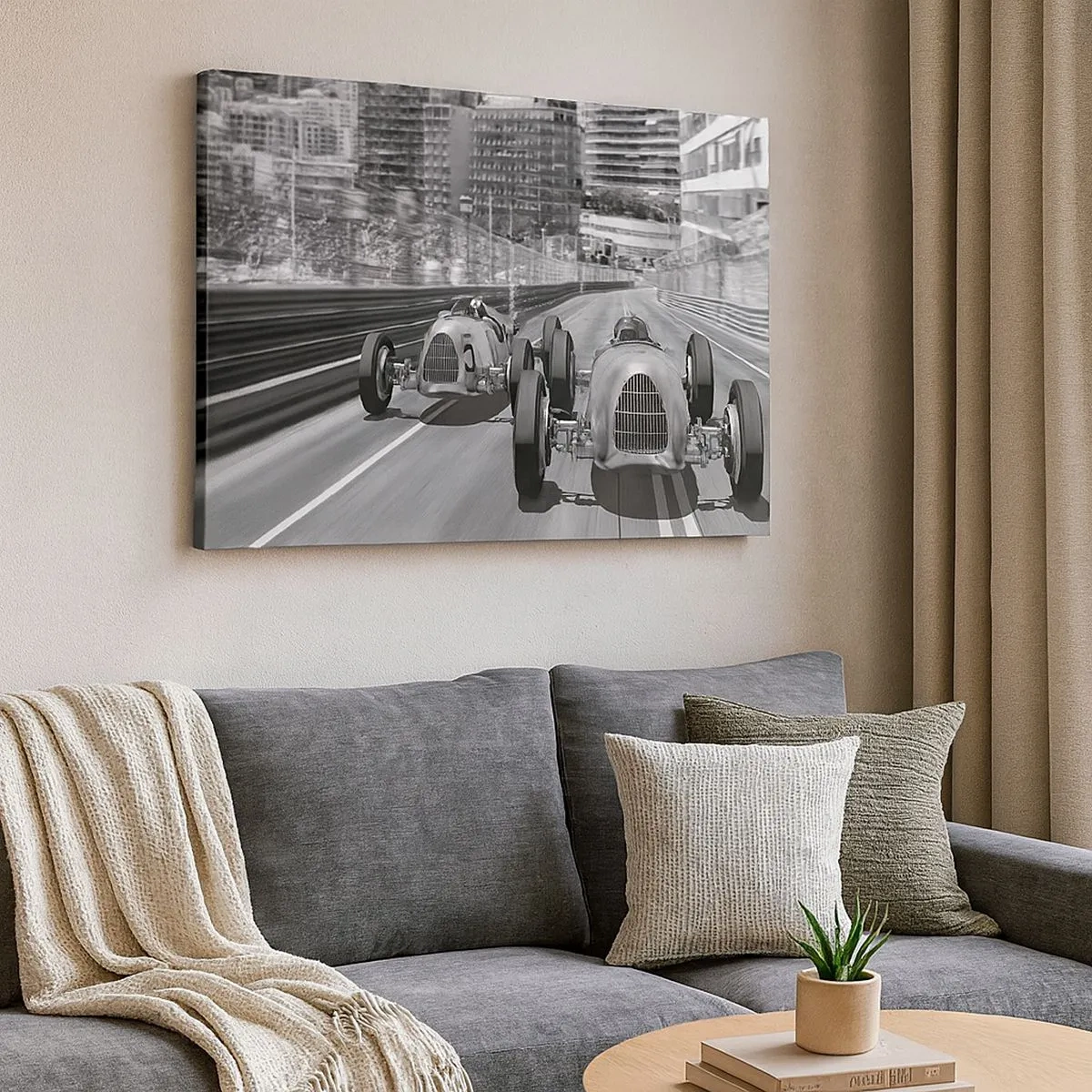 Impression sur toile - Image sur toile - Scène de course automobile rétro monochrome - 70x50cm - Il y a longtemps à Monté Carlo - Décoration murale moderne pour le salon et la chambre ARTTOR