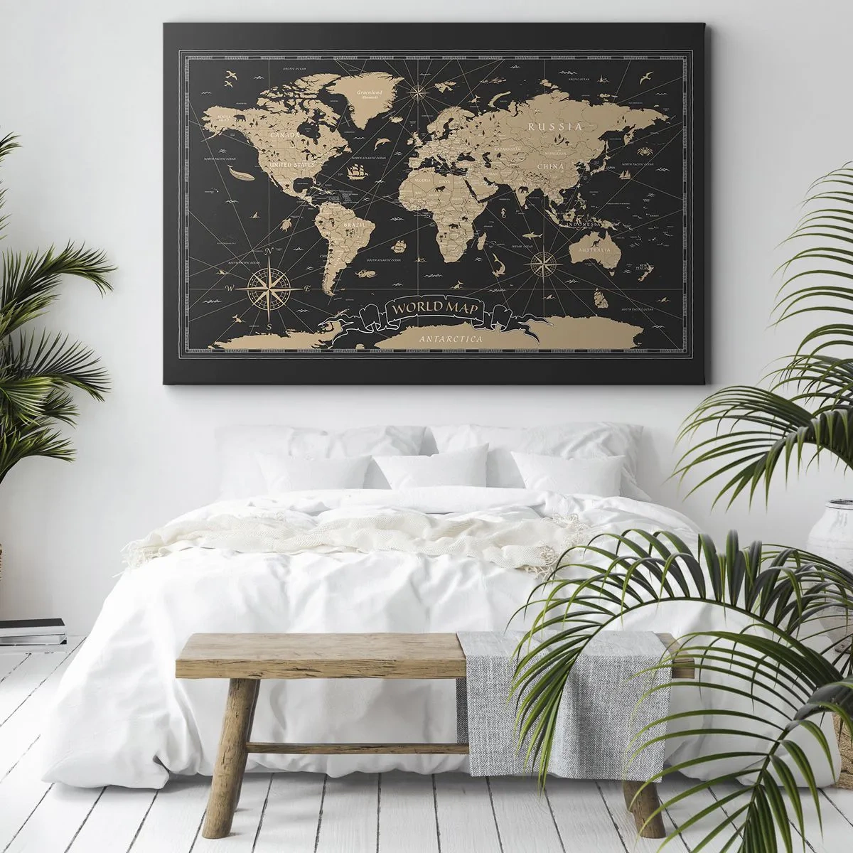 Impression sur toile - Image sur toile - Une carte du monde stylisée sur fond noir avec des accents beiges. - 70x50cm - Les limites de mon monde - Décoration murale moderne pour le salon et la chambre ARTTOR
