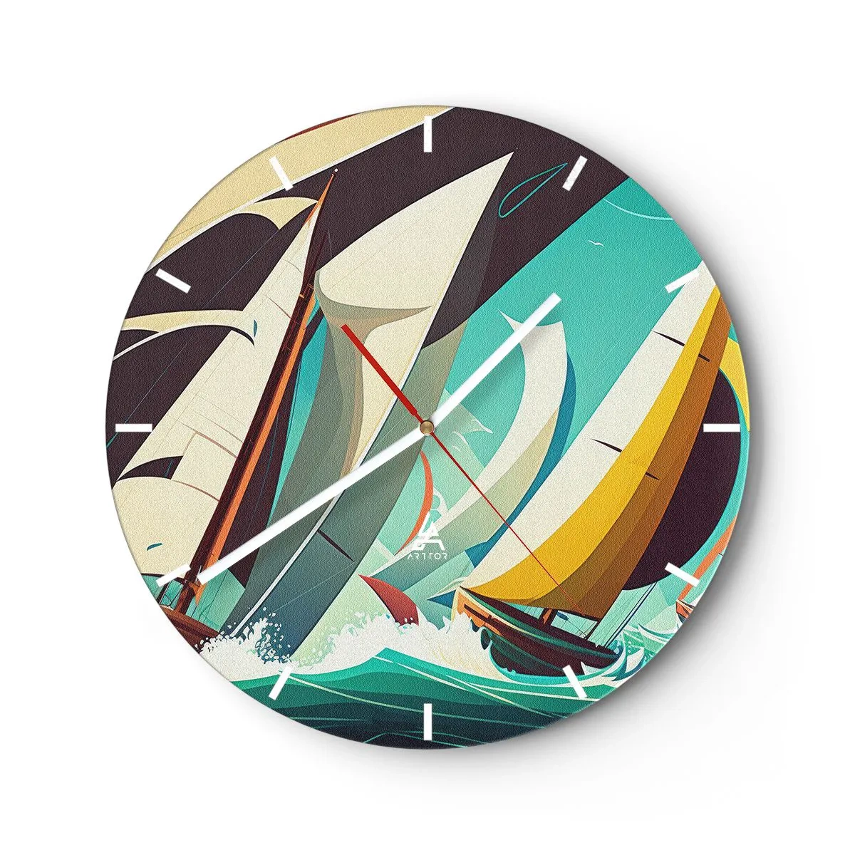 Horloge murale - Pendule murale - Voiliers de style graphique sur une mer turquoise orageuse - 30x30cm - Bonne chance avec les éléments - Décoration murale moderne pour le salon, la cuisine et la chambre ARTTOR