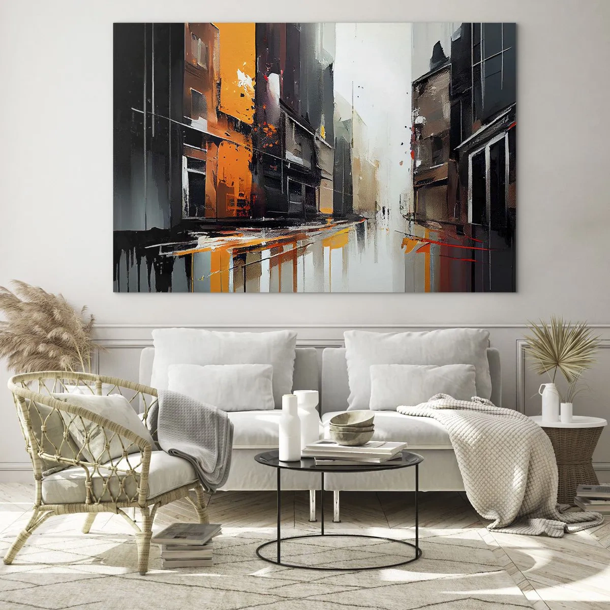Impression sur verre - Image sur verre - Une rue sous la pluie avec de grands immeubles aux couleurs chaudes - 70x50cm - Jour de pluie - Décoration murale moderne pour le salon et la chambre ARTTOR