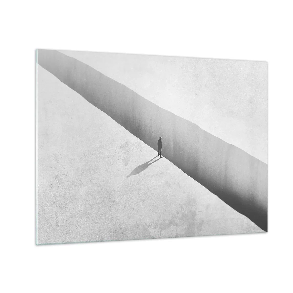 Impression sur verre - Image sur verre - Une silhouette minimaliste au-dessus d'un précipice dans un espace lumineux - 70x50cm - Un objectif clair - Décoration murale moderne pour le salon et la chambre ARTTOR